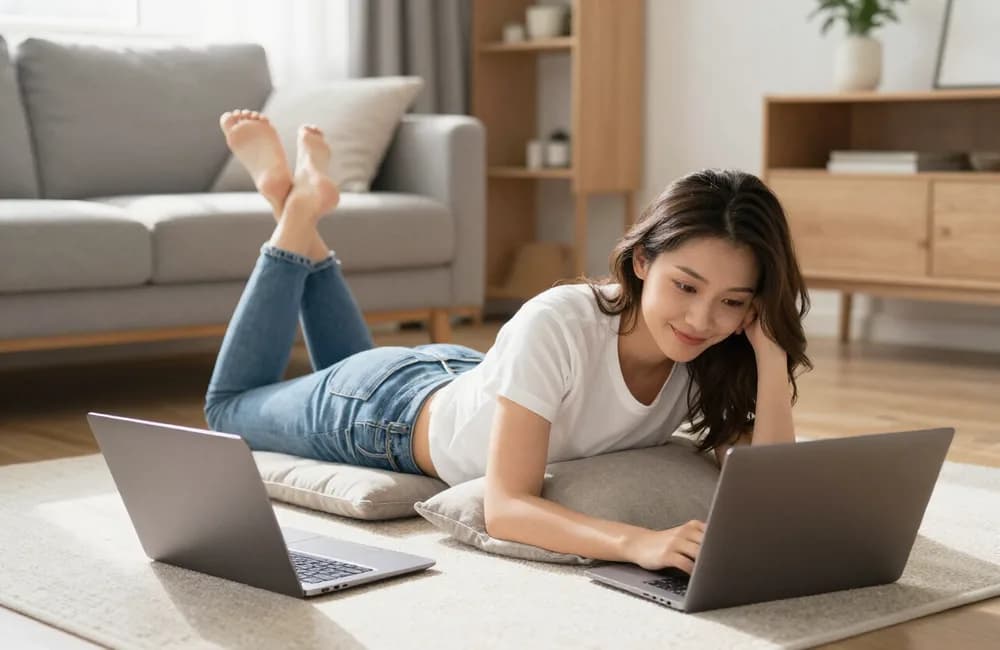 Eine junge Frau sitzt mit dem Laptop auf einem Bodenkissen